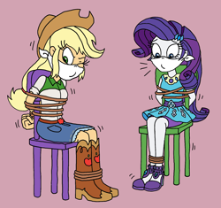 Size: 1564x1470 | Tagged: safe, artist:bugssonicx, applejack, rarity, human, equestria girls, g4, applesub, arm behind back, bondage, boots, bound and gagged, cloth gag, clothes, cowboy boots, female, femsub, gag, help us, high heels, over the nose gag, rarisub, rarity peplum dress, rope, rope bondage, shoes, skirt, submissive, tied to chair, tied up