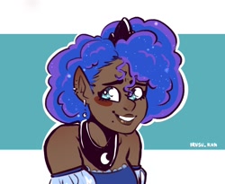 Size: 1696x1389 | Tagged: safe, artist:lrusu, princess luna, human, g4, blushing, dark skin, diadem, ear piercing, female, humanized, piercing, smiling, solo, starry hair