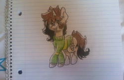 Size: 1024x662 | Tagged: safe, artist:gravityfox10, oc, oc only, pony, unicorn, chara, clothes, female, grin, horn, lined paper, mare, paw prints, smiling, undertale, unicorn oc