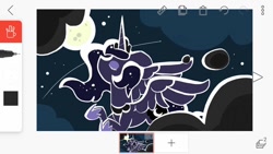 Size: 1024x576 | Tagged: safe, artist:gravityfox10, princess luna, alicorn, pony, g4, cloud, ethereal mane, eyes closed, female, flying, full moon, hoof shoes, horn, jewelry, mare, moon, outdoors, peytral, phone screen, shooting star, starry mane, stars, tiara, wings