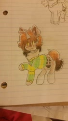 Size: 576x1024 | Tagged: safe, artist:gravityfox10, oc, oc only, pony, unicorn, chara, clothes, coat markings, duo, female, grin, horn, lineart, lined paper, mare, partial color, paw prints, raised hoof, smiling, socks (coat markings), undertale, unicorn oc