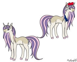 Size: 2491x2000 | Tagged: safe, artist:misskanabelle, oc, oc only, pony, unicorn, beret, colored hooves, ear fluff, female, flower, flower in hair, hat, high res, horn, mare, neckerchief, offspring, parent:fleur-de-lis, parents:canon x oc, signature, simple background, smiling, solo, transparent background, unicorn oc