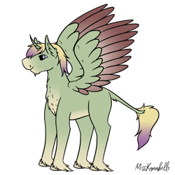 Size: 2000x2000 | Tagged: safe, artist:misskanabelle, oc, oc only, alicorn, pony, alicorn oc, chest fluff, ear fluff, high res, hoof fluff, horn, leonine tail, male, signature, solo, stallion, two toned wings, wings