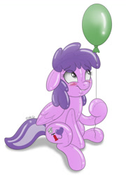 Size: 900x1248 | Tagged: safe, artist:littlehybridshila, oc, oc only, oc:sweetsqueaks, inflatable pony, original species, pegasus, pony, air nozzle, balloon, blushing, female, hoof hold, inflatable, party balloon, pool toy, simple background, sitting, solo, that pony sure does love balloons, white background
