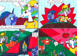 Size: 1280x921 | Tagged: safe, artist:eternaljonathan, princess celestia, princess luna, alicorn, pony, comic:first three back, g4, axe, clothes, comic, costume, heart, royal sisters, siblings, sisters, sword, traditional art, video game, weapon