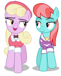 Size: 2188x2740 | Tagged: safe, artist:dragonchaser123, luckette, strawberry ice, earth pony, pony, fake it 'til you make it, g4, bowtie, clothes, duo, duo female, female, hat, high res, looking at each other, mare, open mouth, simple background, transparent background, vector, walking