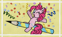 Size: 2333x1409 | Tagged: safe, artist:tridashie, pinkie pie, earth pony, pony, g4, confetti, female, mare, one eye closed, pencil, ponk, riding, simple background, solo, wink, yellow background