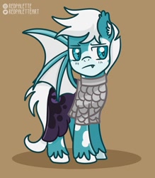 Size: 836x956 | Tagged: safe, artist:redpalette, oc, oc:cloudy snow, bat pony, armor, base used, bat pony oc, cute, dungeons and dragons, fluffy, frown, male, simple background, stallion, teeth, unshorn fetlocks, wings