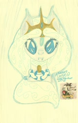 Size: 1676x2639 | Tagged: dead source, safe, artist:sarnathid-prime-pony, oc, oc:snowy wisp, big eyes, crown, cute, fangs, jewelry, pencil drawing, pony oc, regalia, traditional art, watermark