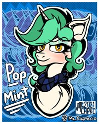 Size: 3000x3750 | Tagged: safe, artist:php190, oc, oc only, oc:mint pop, pony, unicorn, bust, chest fluff, clothes, female, high res, hipster, horn, looking at you, makeup, mare, modern art, pop art, portrait, scarf, simple background, solo, unicorn oc