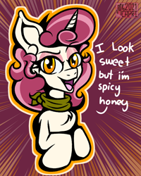 Size: 3000x3750 | Tagged: safe, artist:php190, oc, oc only, oc:dolce spiaro, pony, unicorn, bandana, bust, chest fluff, clothes, dialogue, female, high res, horn, looking at you, makeup, mare, simple background, solo, unicorn oc