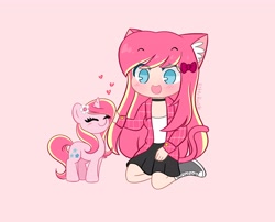 Size: 4096x3313 | Tagged: safe, artist:kittyrosie, oc, oc only, oc:rosa flame, human, pony, unicorn, blushing, clothes, cute, duo, ear fluff, eyes closed, heart, horn, humanized, jacket, kneeling, ocbetes, open mouth, petting, self ponidox, simple background, unicorn oc