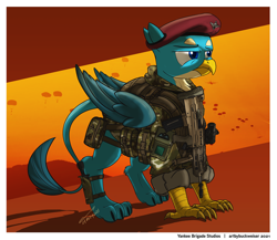 Size: 1920x1666 | Tagged: safe, artist:buckweiser, gallus, griffon, g4, beret, british para, gun, hat, l85a3, male, military, paratrooper, solo, that griffon sure does love weapons, weapon, yankee brigade studios