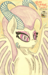 Size: 1977x3032 | Tagged: dead source, safe, artist:sarnathid-prime-pony, oc, oc:blood winter, succubus, eyelashes, fangs, horns, mane, pencil drawing, simple background, sketch, traditional art, watermark, wings