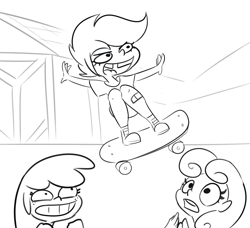 Size: 3288x3000 | Tagged: safe, artist:tjpones, apple bloom, scootaloo, sweetie belle, equestria girls, g4, bandaid, black and white, cutie mark crusaders, female, grayscale, high res, monochrome, skateboard, tomboy, tooth gap, trio, trio female