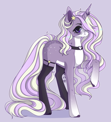Size: 2970x3282 | Tagged: safe, artist:tinasivint, oc, oc only, pony, unicorn, body freckles, choker, clothes, ear piercing, female, freckles, hair over one eye, high res, horn, long hair, mare, pale belly, piercing, purple background, raised hoof, simple background, socks, solo, stars, unicorn oc, white belly