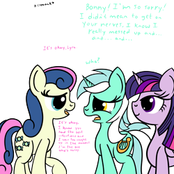Size: 2000x2000 | Tagged: safe, artist:dafiltafish, bon bon, lyra heartstrings, sweetie drops, twilight sparkle, alicorn, pony, comic:day by day, g4, apologetic, crying, dialogue, female, high res, lesbian, ship:lyrabon, shipping, simple background, smiling, teary eyes, transparent background, twilight sparkle (alicorn)