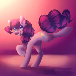 Size: 2048x2048 | Tagged: safe, artist:neonbugzz, pinkie pie, earth pony, pony, g4, abstract background, high res, smiling, solo