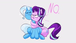 Size: 1920x1080 | Tagged: safe, artist:another_pony, starlight glimmer, trixie, pony, unicorn, g4, abstract background, blushing, chest fluff, cute, dialogue, diatrixes, female, horn, hug, lesbian, mine!, no, possessive, ship:startrix, shipping, simple background, text, tongue out, white background