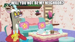 Size: 888x499 | Tagged: safe, edit, edited screencap, screencap, discord, draconequus, discordant harmony, g4, chair, clothes, couch, cup, discord's house, glasses, imgflip, mister rogers, solo, sweater, teacup, teapot
