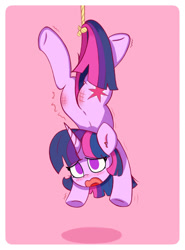 Size: 1214x1642 | Tagged: safe, artist:kqaii, twilight sparkle, pony, unicorn, g4, adorable distress, blushing, cute, reddened butt, solo, spanked, suspended, tied up, twilight spankle, unicorn twilight, watching, wingless