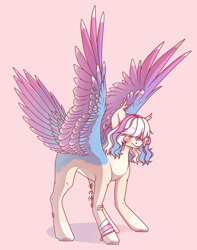 Size: 1280x1627 | Tagged: safe, artist:tinasivint, oc, oc only, pegasus, pony, bandaid, bandaid on nose, bracelet, eyebrows, eyebrows visible through hair, female, four wings, hair over eyes, jewelry, mare, multiple wings, pink background, simple background, solo, tail feathers, wings