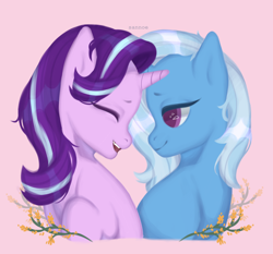 Size: 1920x1788 | Tagged: safe, artist:sannoe, starlight glimmer, trixie, pony, unicorn, g4, female, lesbian, mare, pink background, ship:startrix, shipping, simple background
