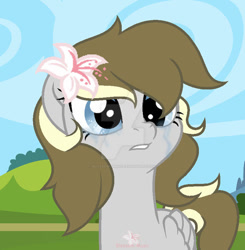 Size: 600x611 | Tagged: safe, artist:blossom-music, oc, oc only, oc:blossom music, pegasus, pony, crying, deviantart watermark, female, flower, flower in hair, mare, obtrusive watermark, solo, watermark