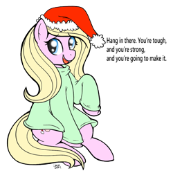 Size: 671x671 | Tagged: safe, artist:grodiechan, oc, oc only, oc:chuckles, earth pony, pony, christmas, clothes, dialogue, hat, holiday, looking at you, positive ponies, santa hat, smiling, solo, sweater, truth