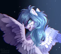 Size: 2420x2125 | Tagged: safe, artist:teaflower300, oc, oc only, pegasus, pony, creepy, creepy smile, ear piercing, earring, high res, jewelry, looking at you, looking back, open mouth, piercing, sharp teeth, smiling, solo, spread wings, teeth, wings