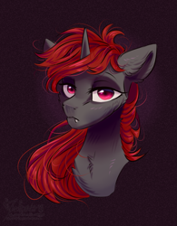 Size: 1367x1752 | Tagged: safe, artist:teaflower300, oc, oc only, pony, unicorn, bust, fangs, lidded eyes, looking at you, snaggletooth, solo
