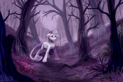Size: 2920x1958 | Tagged: safe, artist:teaflower300, oc, oc only, pony, unicorn, chest fluff, fangs, floppy ears, forest, leonine tail, not sweetie belle, outdoors, scared, solo
