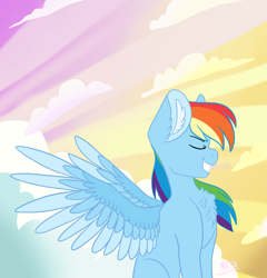 Size: 1963x2048 | Tagged: safe, artist:moccabliss, rainbow dash, pegasus, pony, g4, chest fluff, ear fluff, eyes closed, female, grin, mare, smiling, solo, spread wings, wings