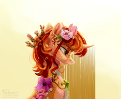 Size: 2108x1716 | Tagged: safe, artist:teaflower300, oc, oc only, pony, unicorn, curved horn, flower, flower in hair, frown, horn, sad, solo