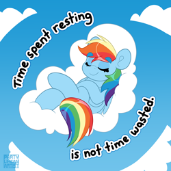Size: 4000x4000 | Tagged: safe, artist:partypievt, rainbow dash, pegasus, pony, g4, cloud, crossed hooves, eyebrows, eyebrows visible through hair, eyes closed, lying down, lying on a cloud, motivational, obtrusive watermark, on a cloud, on back, sleeping, solo, text, watermark, wholesome