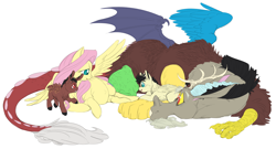 Size: 9093x4894 | Tagged: safe, artist:snspony, discord, fluttershy, draconequus, hybrid, pegasus, pony, g4, female, interspecies offspring, male, offspring, parent:discord, parent:fluttershy, parents:discoshy, preggoshy, pregnant, ship:discoshy, shipping, straight