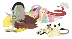 Size: 9093x4894 | Tagged: safe, artist:snspony, discord, fluttershy, draconequus, hybrid, pegasus, pony, g4, absurd resolution, female, glasses, interspecies offspring, male, mare, offspring, parent:discord, parent:fluttershy, parents:discoshy, preggoshy, pregnant, ship:discoshy, shipping, straight