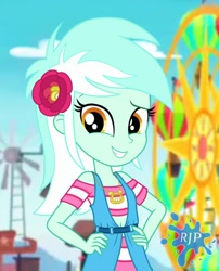 Size: 850x1050 | Tagged: safe, artist:rjp.rammy, lyra heartstrings, equestria girls, g4, clothes, cute, female, flower, flower in hair, hand on hip, looking at you, lyrabetes, smiling, solo