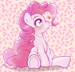 Size: 2048x1976 | Tagged: safe, artist:kurogewapony, pinkie pie, earth pony, pony, g4, blushing, cute, diapinkes, female, heart, high res, mare, simple background, smiling, solo, underhoof