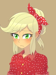 Size: 1620x2160 | Tagged: safe, artist:haibaratomoe, applejack, human, equestria girls, equestria girls series, five to nine, g4, blush lines, blushing, brown background, cute, female, jackabetes, simple background, solo