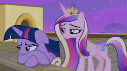 Size: 1920x1080 | Tagged: safe, screencap, princess cadance, twilight sparkle, alicorn, pony, g4, once upon a zeppelin, colored wings, concave belly, crown, duo, duo female, female, folded wings, gradient wings, jewelry, peytral, regalia, sisters-in-law, slender, thin, twilight sparkle (alicorn), wings