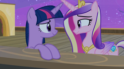 Size: 1920x1080 | Tagged: safe, screencap, princess cadance, twilight sparkle, alicorn, pony, g4, once upon a zeppelin, season 7, duo, duo female, female, folded wings, looking at each other, sisters-in-law, smiling, twilight sparkle (alicorn), wings