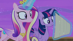 Size: 1920x1080 | Tagged: safe, screencap, princess cadance, twilight sparkle, alicorn, pony, g4, once upon a zeppelin, season 7, colored wings, concave belly, crown, duo, duo female, female, folded wings, gradient wings, jewelry, magic, peytral, regalia, sisters-in-law, slender, telekinesis, thin, twilight sparkle (alicorn), wings