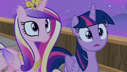 Size: 1920x1080 | Tagged: safe, screencap, princess cadance, twilight sparkle, alicorn, pony, g4, once upon a zeppelin, season 7, colored wings, concave belly, crown, duo, duo female, female, folded wings, gradient wings, jewelry, peytral, regalia, sisters-in-law, slender, thin, twilight sparkle (alicorn), wings