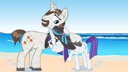 Size: 3840x2160 | Tagged: safe, artist:twilightsparkle0428, hondo flanks, rarity, pony, unicorn, g4, beach, father and child, father and daughter, female, filly, high res, male, stallion, teenager, younger