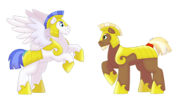 Size: 1280x732 | Tagged: safe, artist:itstechtock, oc, oc only, oc:stoutheart, oc:swift wing, pony, armor, royal guard armor, simple background, transparent background