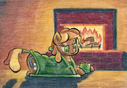 Size: 1241x865 | Tagged: safe, artist:shoeunit, oc, oc only, oc:creekseed, earth pony, pony, blanket, ear fluff, female, fireplace, freckles, lying down, mare, mug, prone, smiling, solo, tail wrap, traditional art