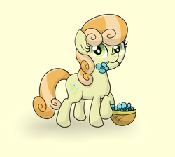 Size: 2318x2081 | Tagged: safe, artist:background basset, junebug, earth pony, pony, g4, basket, female, flower, flower basket, flower in mouth, high res, looking at you, mouth hold, simple background, solo