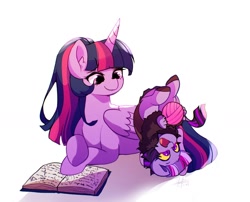 Size: 1678x1354 | Tagged: safe, artist:riukime, twilight sparkle, oc, oc:jinx, alicorn, hybrid, pony, g4, baby, book, cute, duo, female, filly, foal, interspecies offspring, mama twilight, mother and child, mother and daughter, ocbetes, offspring, parent:discord, parent:twilight sparkle, parents:discolight, shadow, signature, simple background, twilight sparkle (alicorn), upside down, white background, yarn, yarn ball