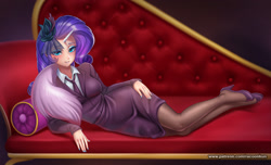 Size: 1649x1000 | Tagged: safe, alternate version, artist:racoonsan, rarity, human, rarity investigates, clothes, couch, detective rarity, draw me like one of your french girls, dress, fainting couch, fascinator, high heels, horn, horned humanization, humanized, looking at you, necktie, pantyhose, raritights, scene interpretation, shoes, skirt, solo, stupid sexy rarity, suit